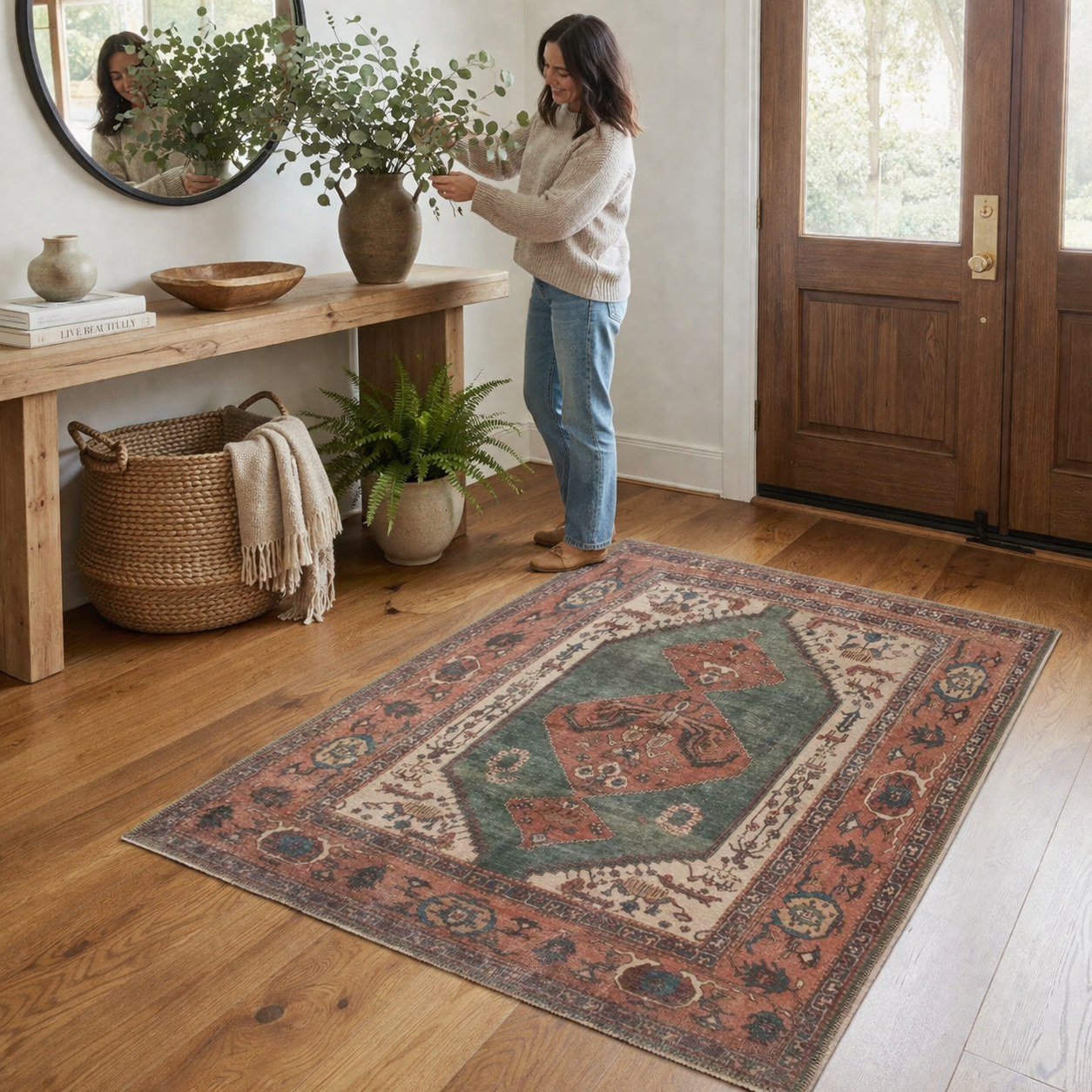 Rust Red Green Area Rug | Persian Vintage Style | Washable Non-Slip Rug