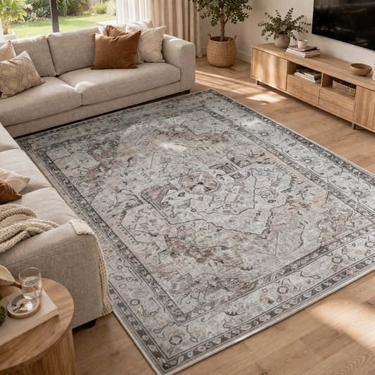 Ivory Washable Area Rug | Vintage Style | Non-Slip Living Room Rug