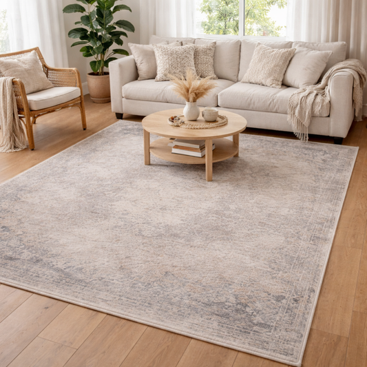 Grey Beige Distressed Rug | Flatwoven Washable | Living Room & Bedroom Rug