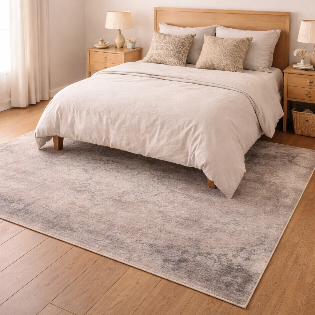 Grey Beige Distressed Rug | Flatwoven Washable | Living Room & Bedroom Rug
