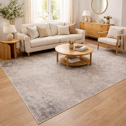 Grey Beige Distressed Rug | Flatwoven Washable | Living Room & Bedroom Rug