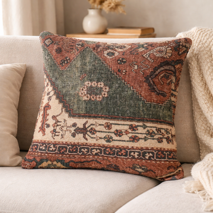 Rust Red Green Area Rug | Persian Vintage Style | Washable Non-Slip Rug