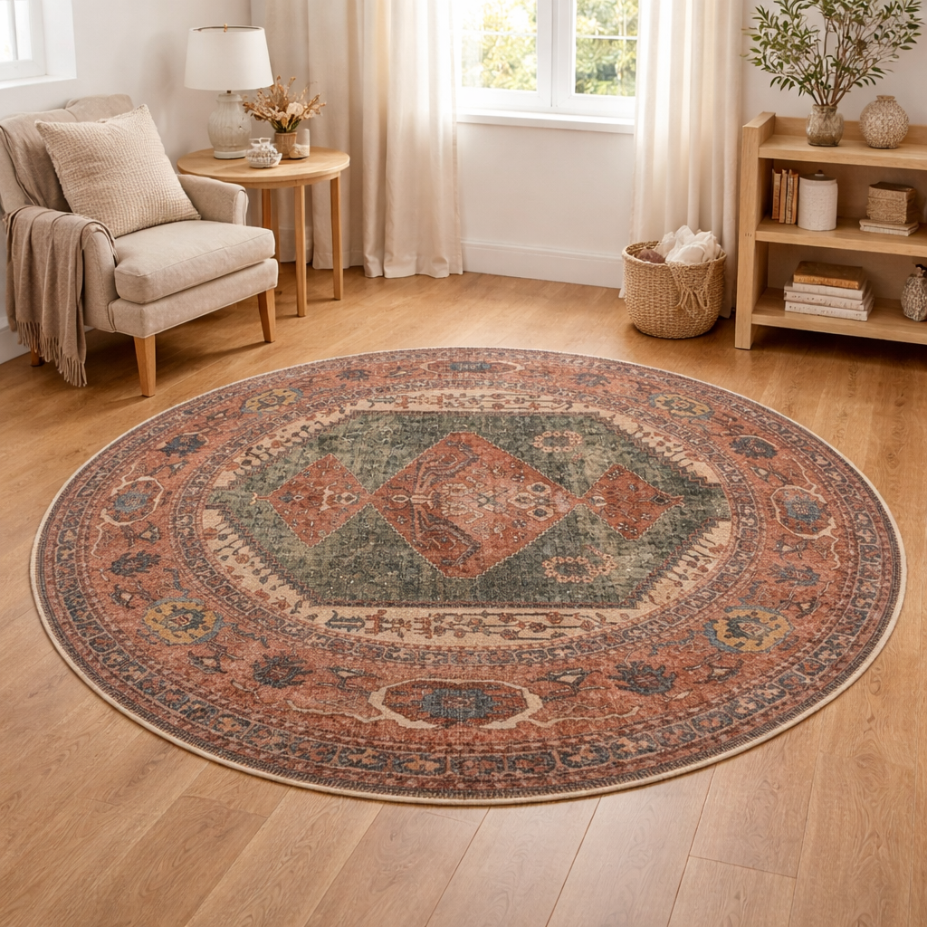 Rust Red Green Area Rug | Persian Vintage Style | Washable Non-Slip Rug