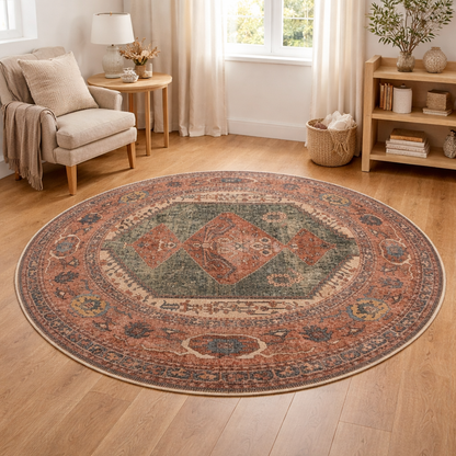 Rust Red Green Area Rug | Persian Vintage Style | Washable Non-Slip Rug