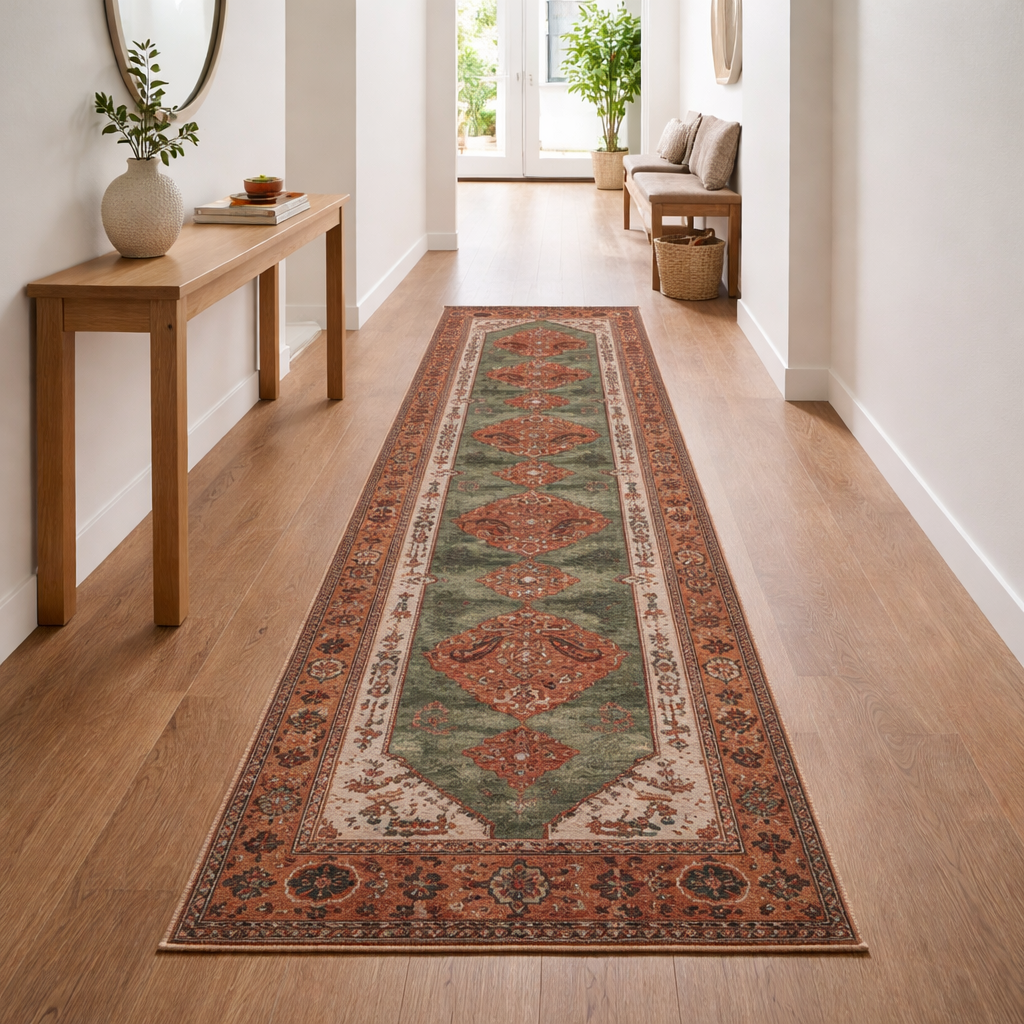 Rust Red Green Area Rug | Persian Vintage Style | Washable Non-Slip Rug