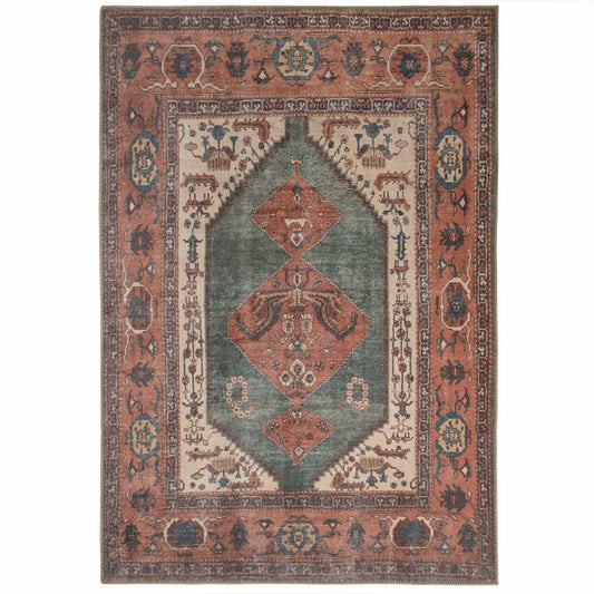 Faro Terracotta Green Washable Area Rug | Boho Living Room Rug 0