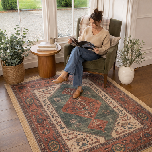 Rust Red Green Area Rug | Persian Vintage Style | Washable Non-Slip Rug